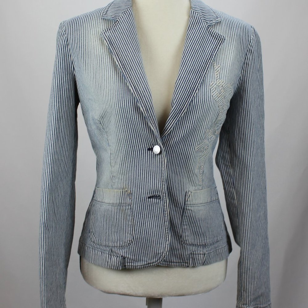 Les Copains Women's Jean Denim Blazer $$ blue White Striped Italy